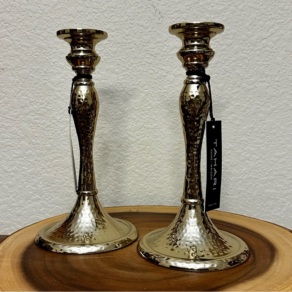 NWT- Tahari Set of 2 Hammered Brass Candle Sticks 8.75” Tall Home Decor